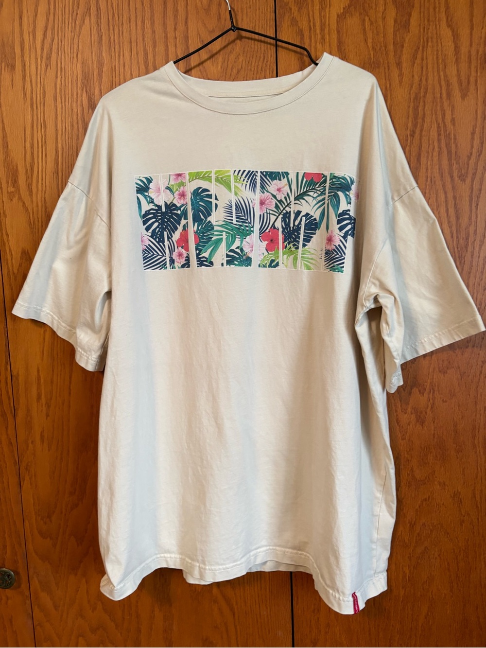 Cream Short Sleeve Tee with Tropical Panel Print